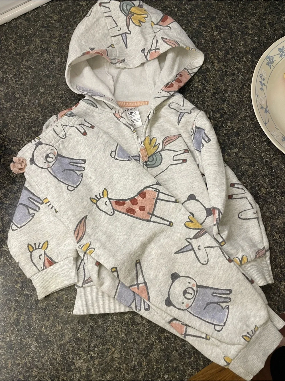 Carter's Light Gray Hoodie with Pastel Animal Print